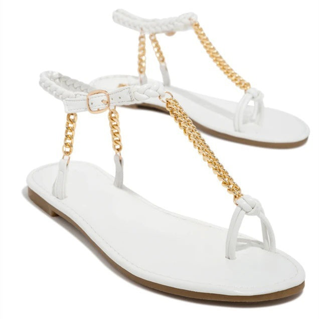 Round Toe Flat Toe Metal Chain Sandals Women's Large Size Beach Sandals Angelwarriorfitness.com