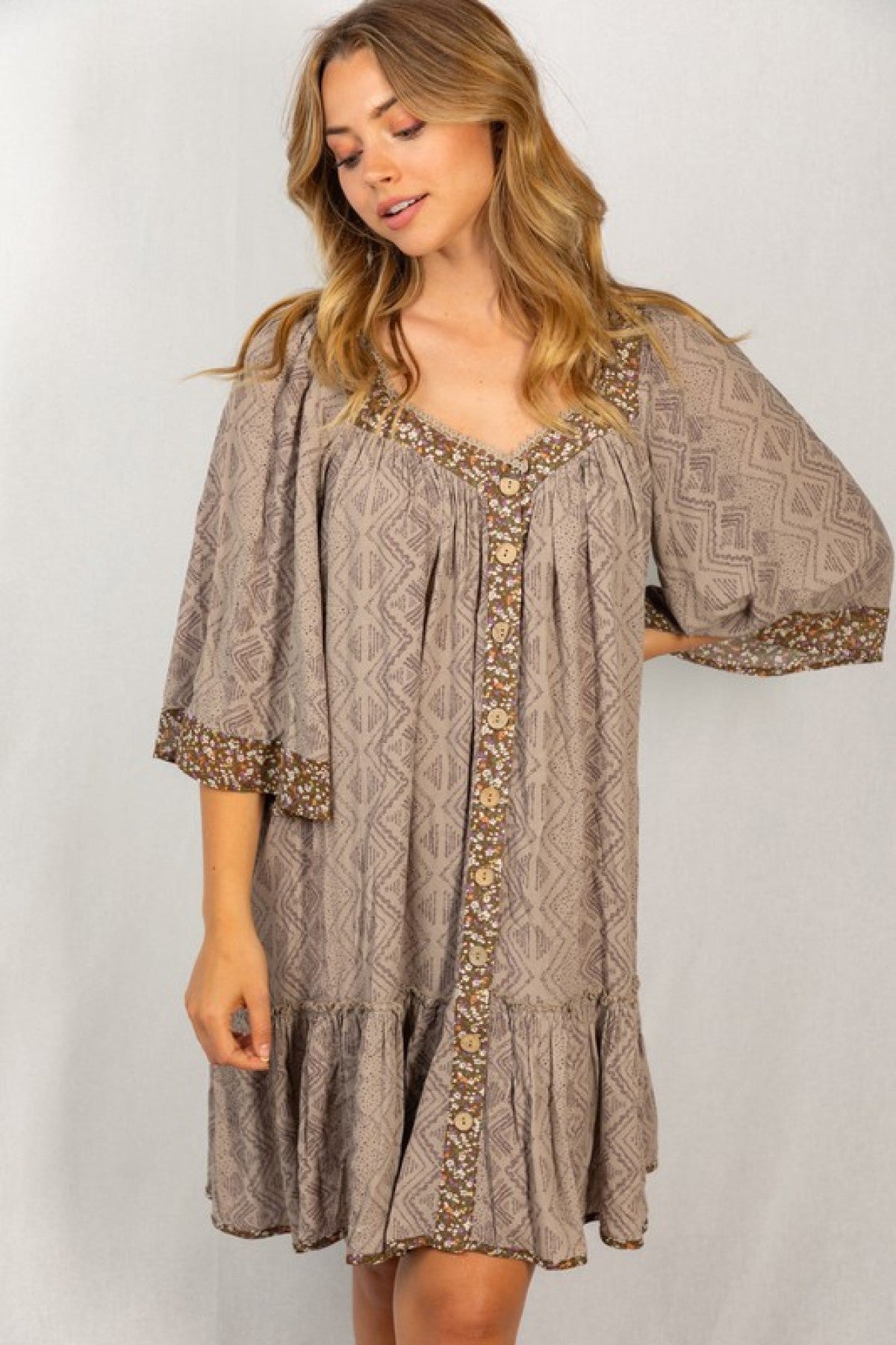 White Birch Buttoned Three Quarter Sleeve Aztec Print Woven Dress Angelwarriorfitness.com