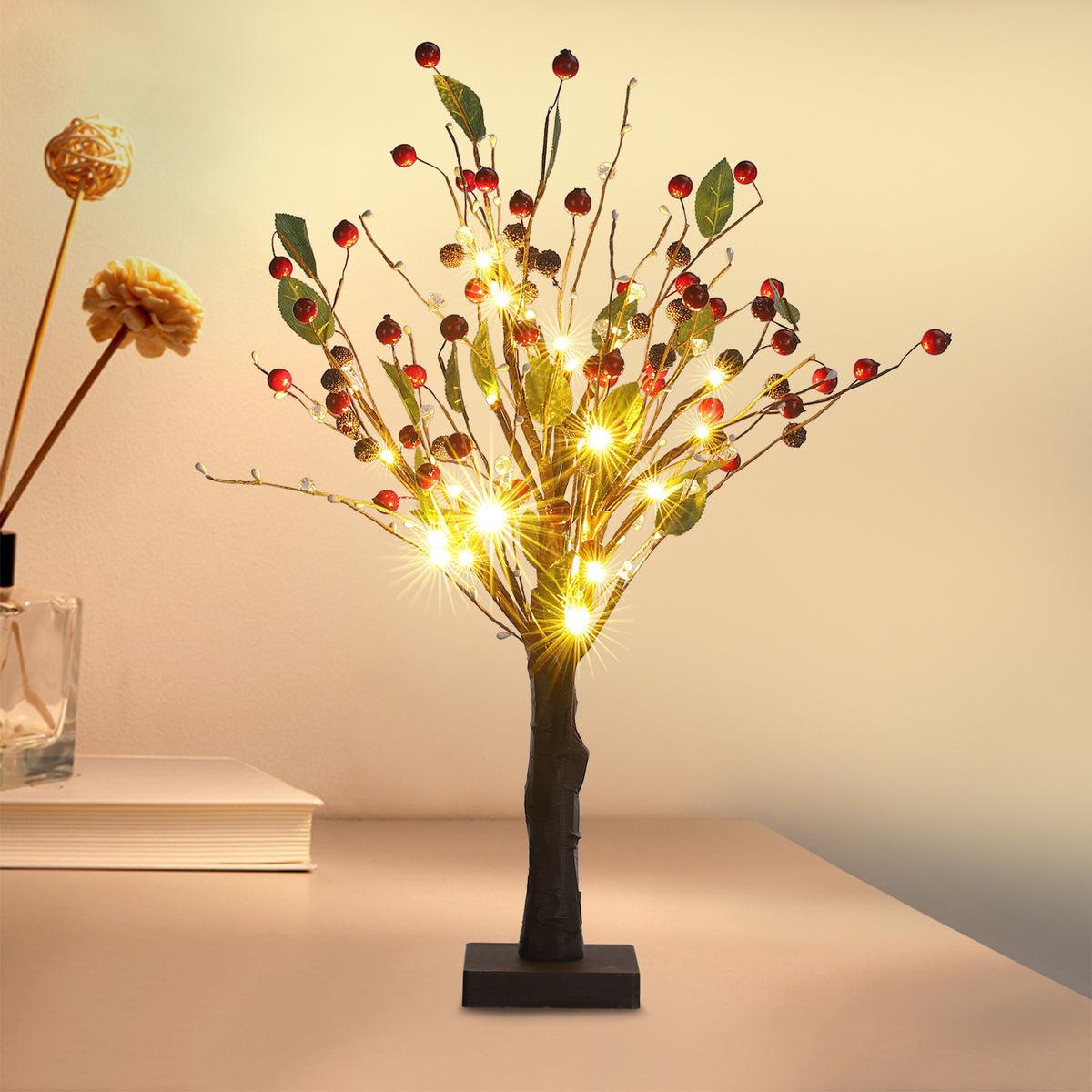 Tree Lights Dotted With Cherries, 24 Warm White LED Lights 1.5 Feet High Angelwarriorfitness.com