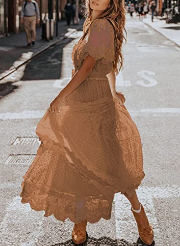 Women's V Neck Button Down Floral Lace Maxi Dress Casual Short Angelwarriorfitness.com