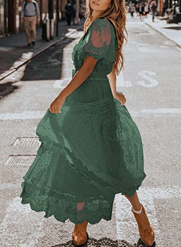 Women's V Neck Button Down Floral Lace Maxi Dress Casual Short Angelwarriorfitness.com