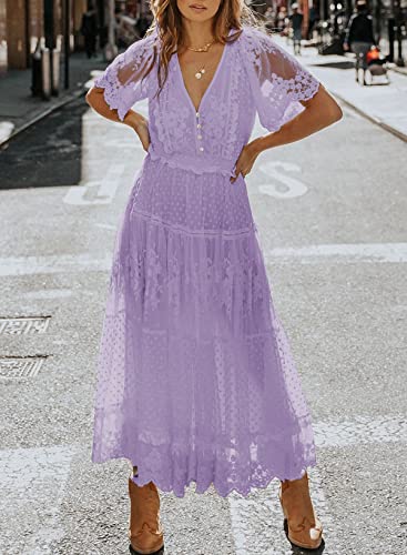 Women's V Neck Button Down Floral Lace Maxi Dress Casual Short Angelwarriorfitness.com