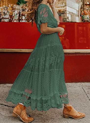 Women's V Neck Button Down Floral Lace Maxi Dress Casual Short Angelwarriorfitness.com
