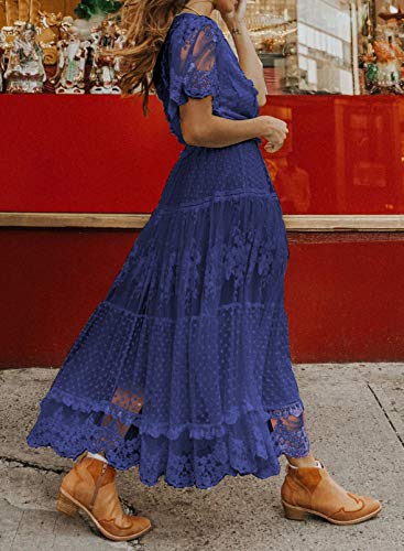 Women's V Neck Button Down Floral Lace Maxi Dress Casual Short Angelwarriorfitness.com