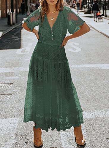 Women's V Neck Button Down Floral Lace Maxi Dress Casual Short Angelwarriorfitness.com