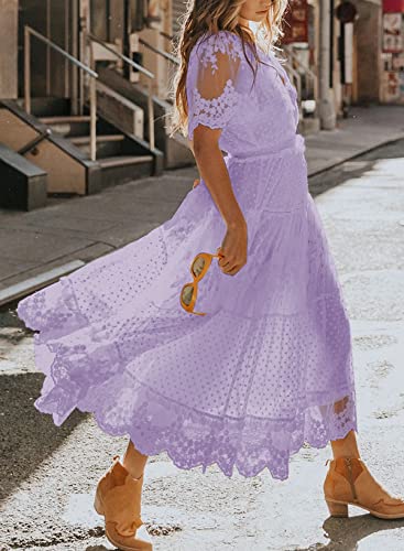 Women's V Neck Button Down Floral Lace Maxi Dress Casual Short Angelwarriorfitness.com
