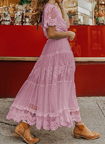 Women's V Neck Button Down Floral Lace Maxi Dress Casual Short Angelwarriorfitness.com