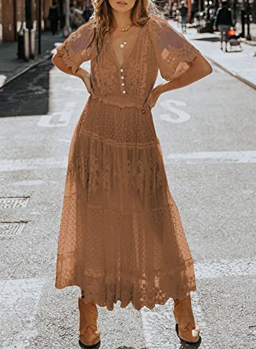 Women's V Neck Button Down Floral Lace Maxi Dress Casual Short Angelwarriorfitness.com