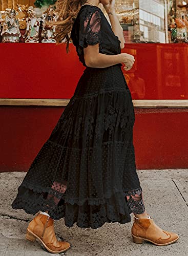 Women's V Neck Button Down Floral Lace Maxi Dress Casual Short Angelwarriorfitness.com