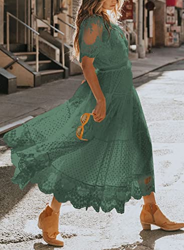 Women's V Neck Button Down Floral Lace Maxi Dress Casual Short Angelwarriorfitness.com