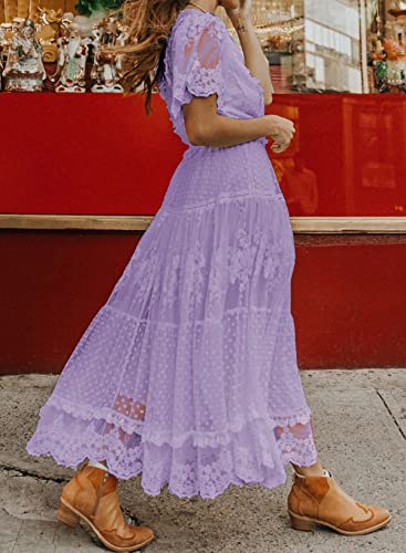 Women's V Neck Button Down Floral Lace Maxi Dress Casual Short Angelwarriorfitness.com