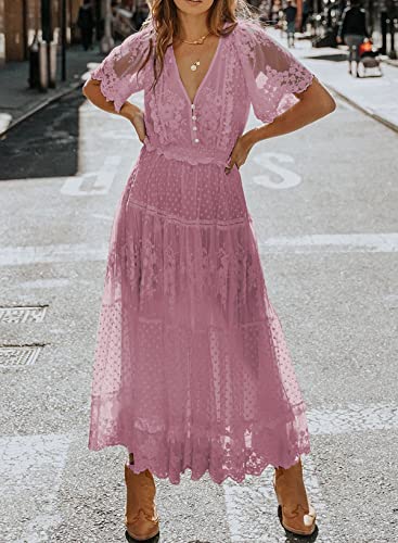 Women's V Neck Button Down Floral Lace Maxi Dress Casual Short Angelwarriorfitness.com