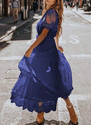 Women's V Neck Button Down Floral Lace Maxi Dress Casual Short Angelwarriorfitness.com