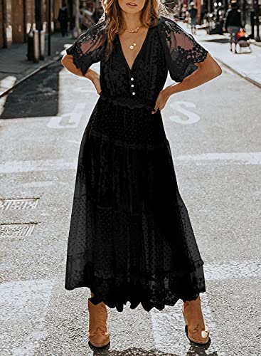Women's V Neck Button Down Floral Lace Maxi Dress Casual Short Angelwarriorfitness.com
