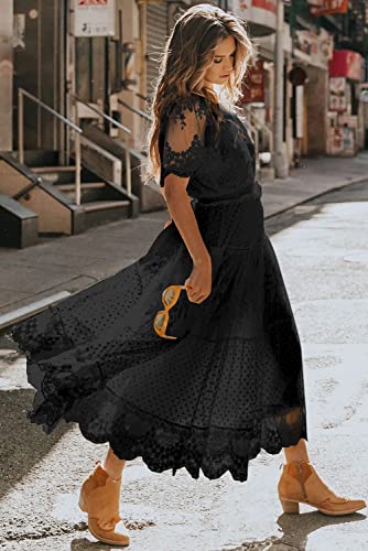 Women's V Neck Button Down Floral Lace Maxi Dress Casual Short Angelwarriorfitness.com
