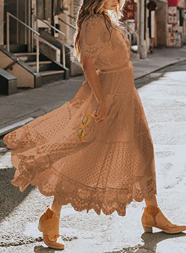 Women's V Neck Button Down Floral Lace Maxi Dress Casual Short Angelwarriorfitness.com