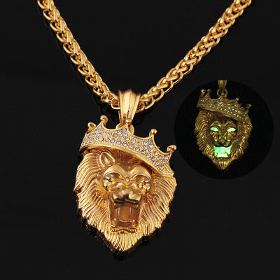 Europe and the United States selling diamond crown lion hip-hop luminous necklaces men Unisex gold-plated hiphop luminous Pendant Angelwarriorfitness.com