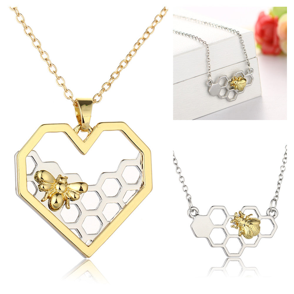 Honeycomb Bee Heart Pendant Necklaces For Women Gold Silver Color Animal Choker Necklace Fashion Wedding Jewelry Angelwarriorfitness.com