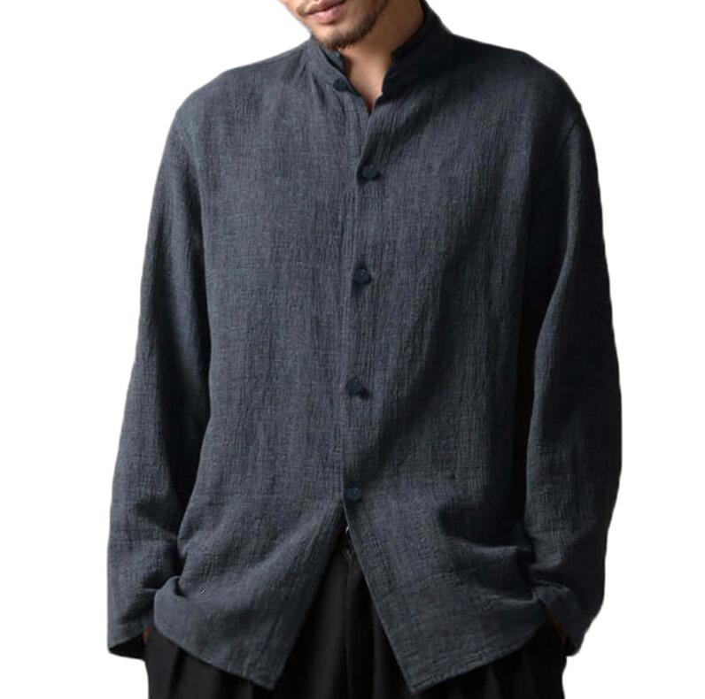 Mens Vintage Chinese Style Cotton Stand Collar Casual Long Sleeve Loose Shirts Angelwarriorfitness.com