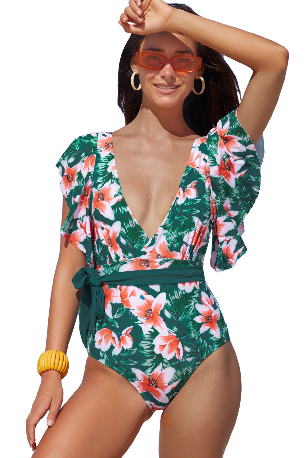 Green Sexy Deep V Neck Floral Print Ruffles One Piece Swimwear Angelwarriorfitness.com