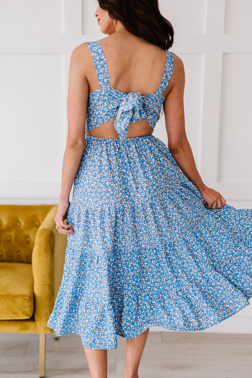 Sky Blue Floral Tie Back Long Dress Angelwarriorfitness.com