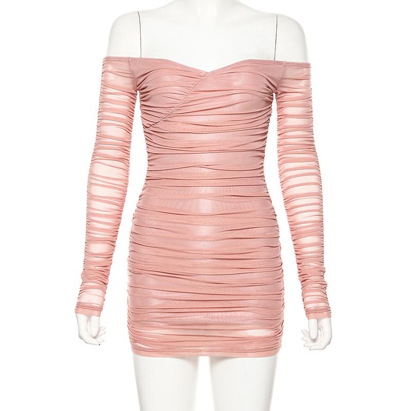 Pink off shoulder v neck bodycon mini dress Long sleeve Angelwarriorfitness.com