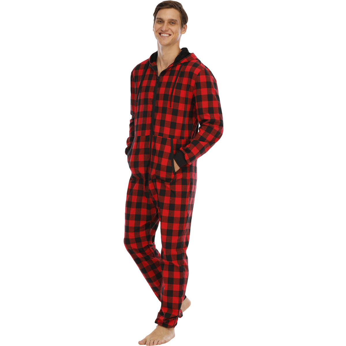 Men's Flannel Check Hooded One-piece Pajamas Angelwarriorfitness.com