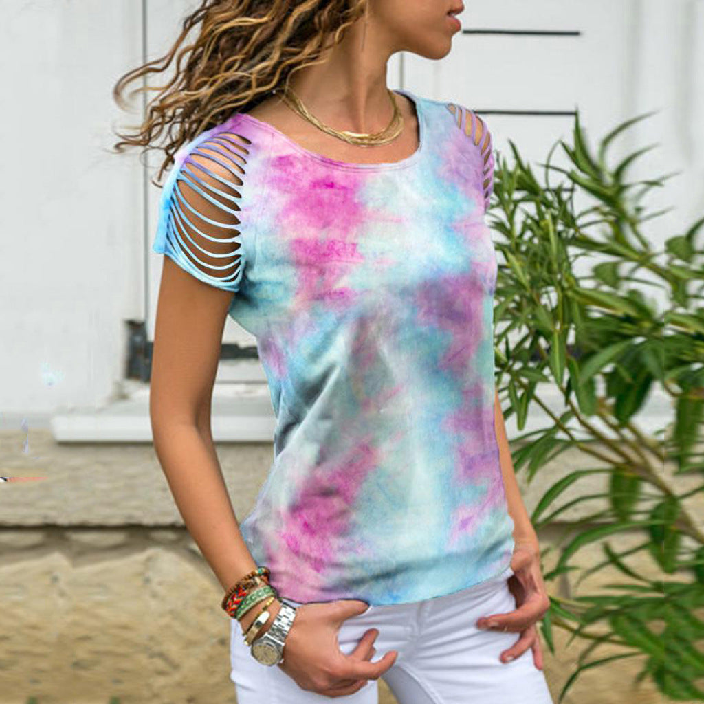 Ladies Tie-Dye Hole Burnt Strapless T-shirt Angelwarriorfitness.com