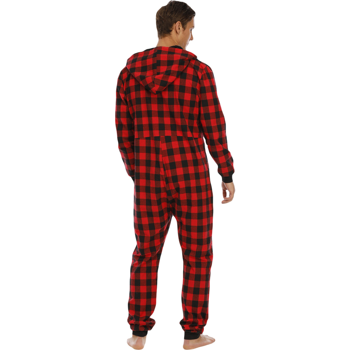 Men's Flannel Check Hooded One-piece Pajamas Angelwarriorfitness.com