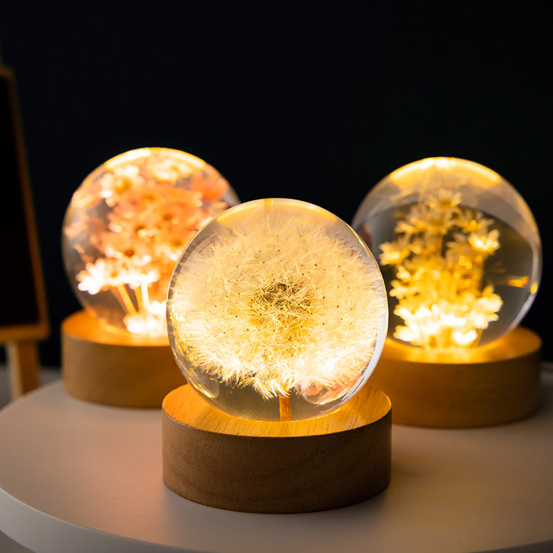 Luminous 3D Dandelion Crystal Ball Beech Wood Stand Base Preserved Flower Sphere Ball Desktop Ornaments Bithday Christmas Gifts Angelwarriorfitness.com