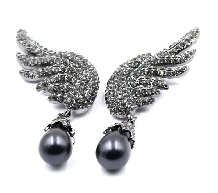 Angel Wings Alloy Diamond Pearl Earrings Angelwarriorfitness.com