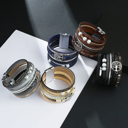 Boho Vegan Leather Tree Multilayer Magnetic Buckle Bracelet Angelwarriorfitness.com