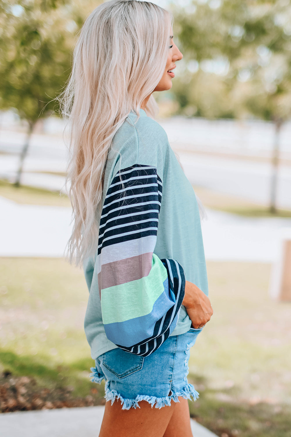 Striped Colorblock Long Sleeve Knit Top Angelwarriorfitness.com