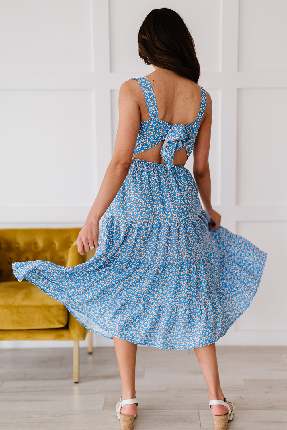 Sky Blue Floral Tie Back Long Dress Angelwarriorfitness.com