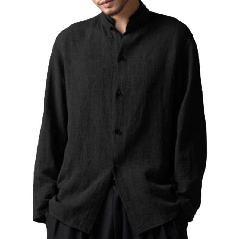 Mens Vintage Chinese Style Cotton Stand Collar Casual Long Sleeve Loose Shirts Angelwarriorfitness.com