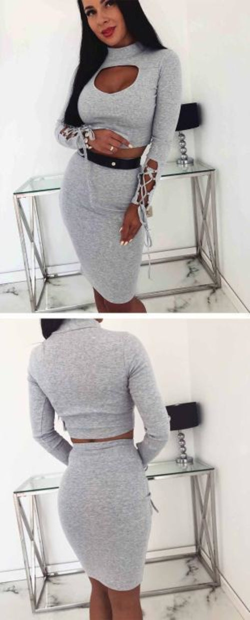 Knitted hollow out lace up dress Two piece set sexy bodycon Angelwarriorfitness.com