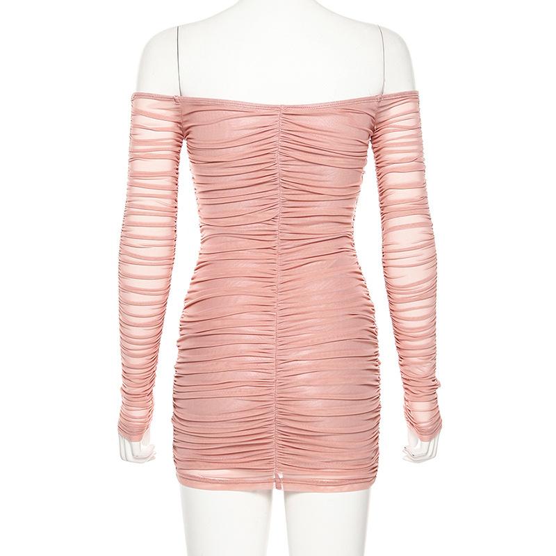 Pink off shoulder v neck bodycon mini dress Long sleeve Angelwarriorfitness.com
