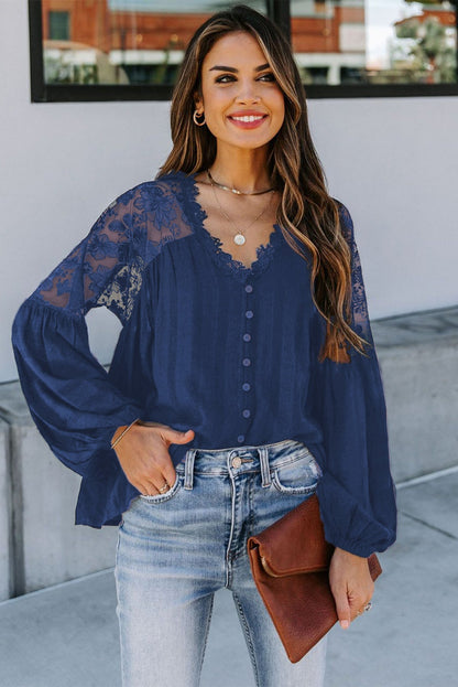 V Neckline Lace Shoulder Patchwork Blouse Angelwarriorfitness.com