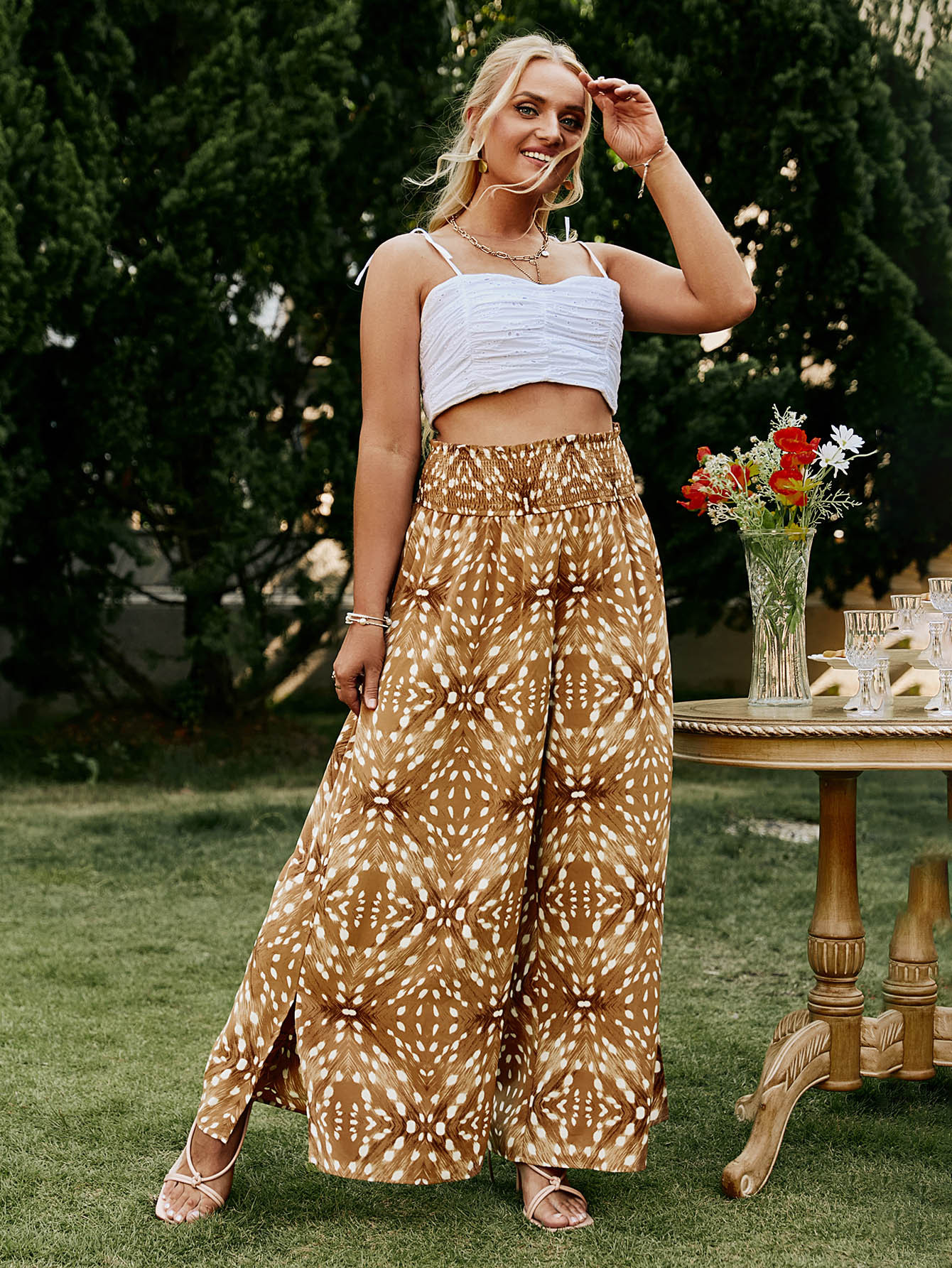 Plus Size Chiffon Print Elastic Waist Wide Leg Pants Angelwarriorfitness.com
