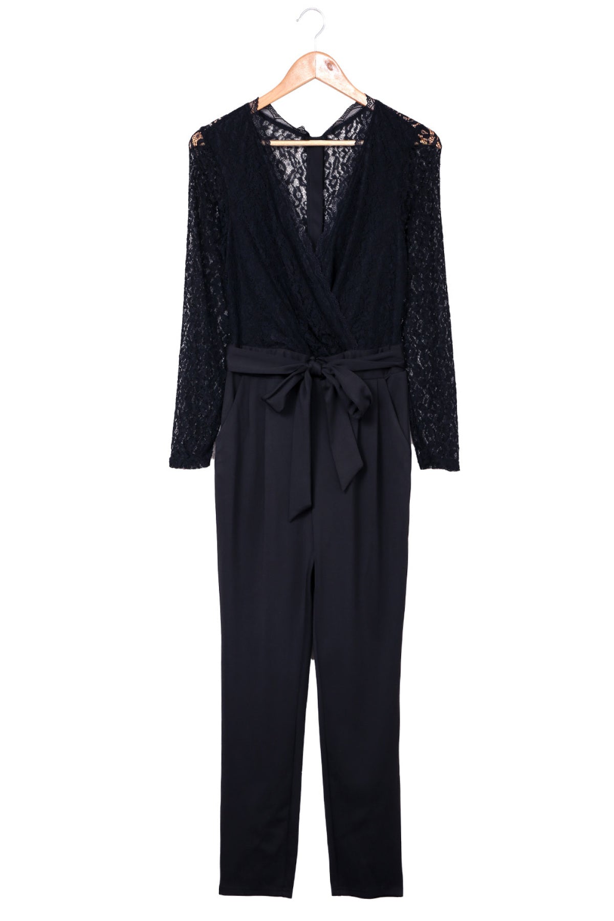 Black Lace Contrast V Neck Long Sleeve Jumpsuit Angelwarriorfitness.com