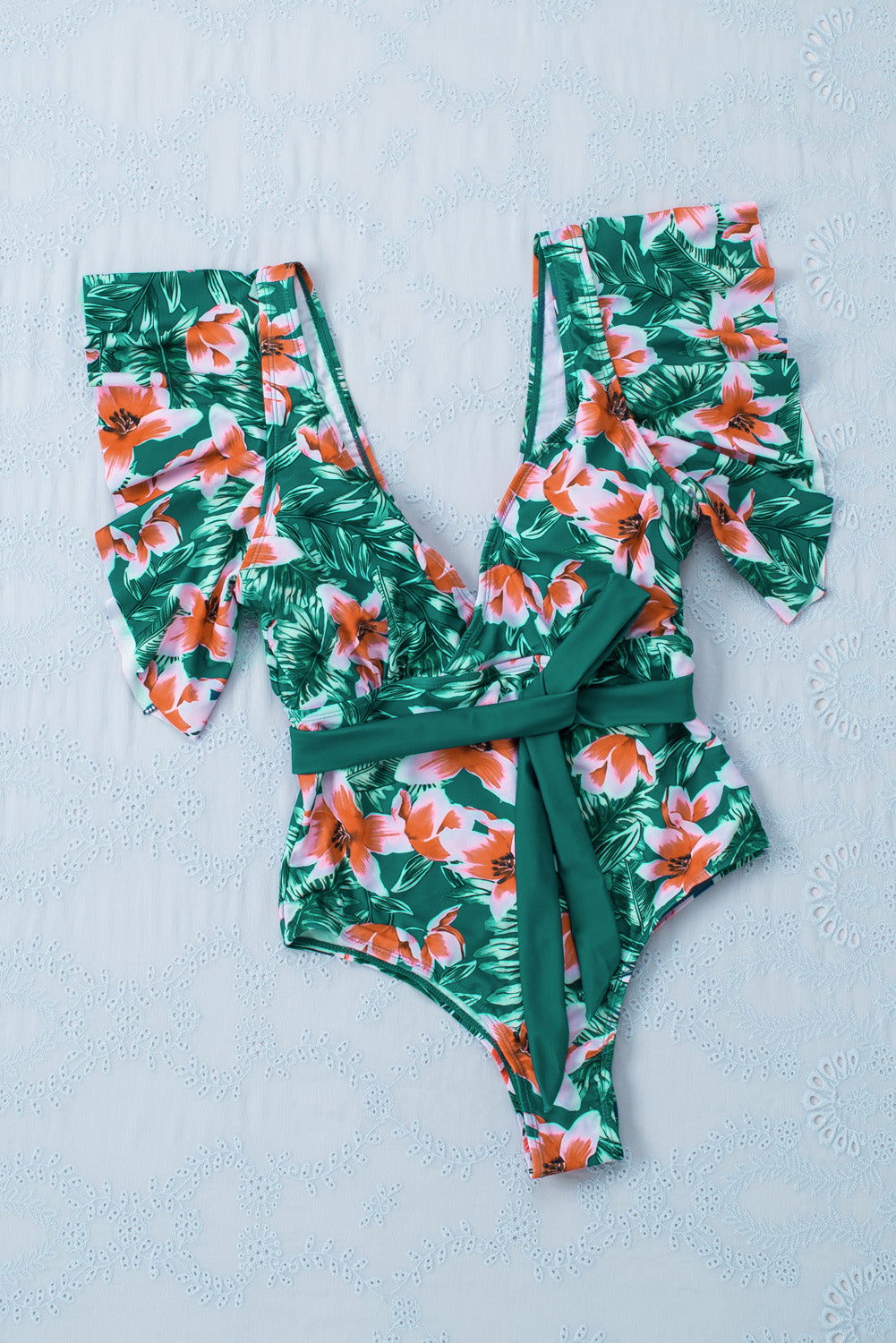 Green Sexy Deep V Neck Floral Print Ruffles One Piece Swimwear Angelwarriorfitness.com