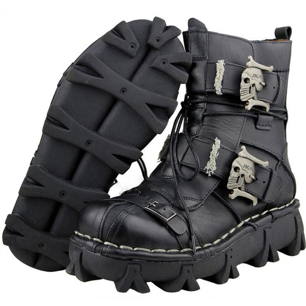 Men's Cowhide Genuine Leather Motorcycle Boots Military Combat Boots Gothic Skull Punk Boots Angelwarriorfitness.com
