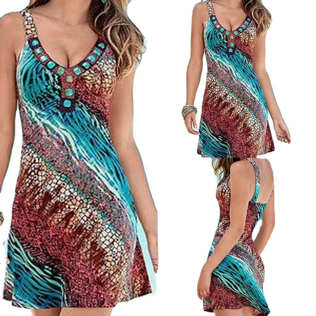 Color Printed Low-cut Sling Dress Angelwarriorfitness.com