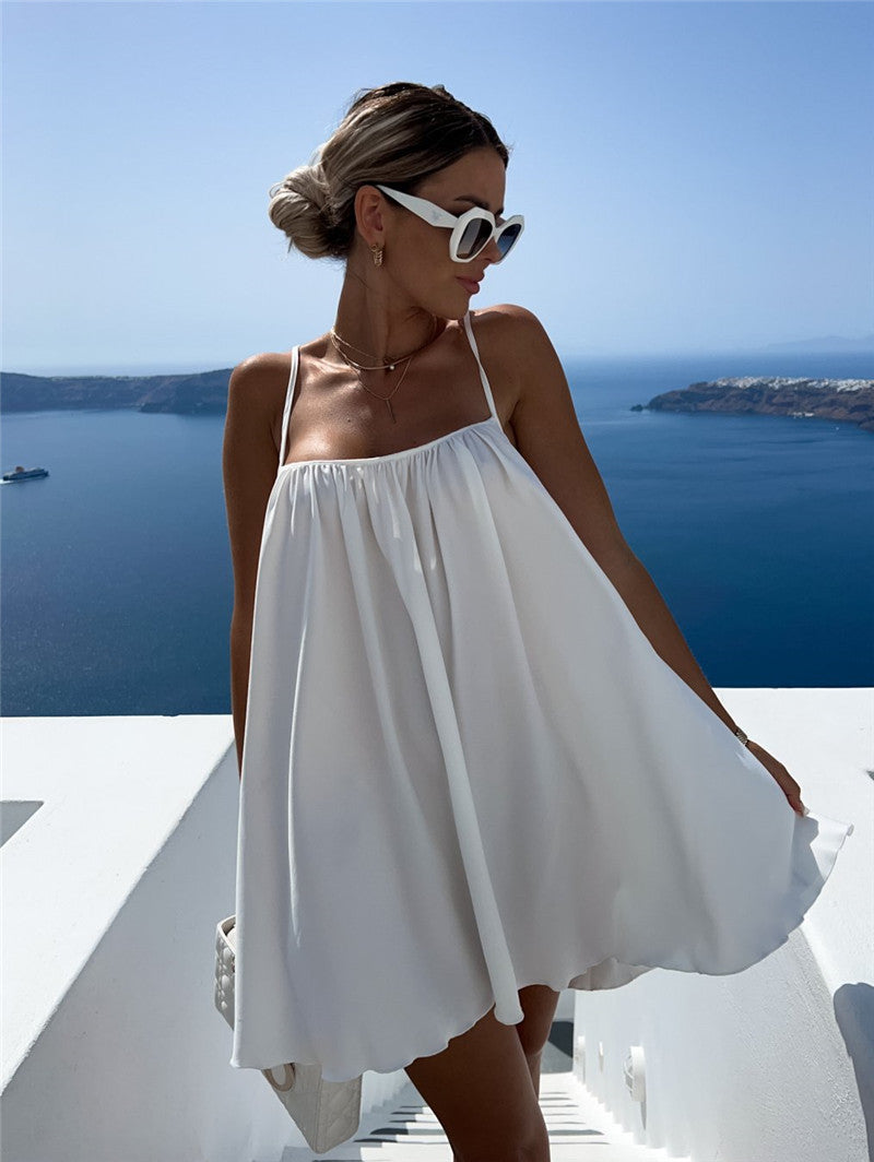 Women's Solid Color Round Neck Sleeveless Loose Strap Dress Angelwarriorfitness.com