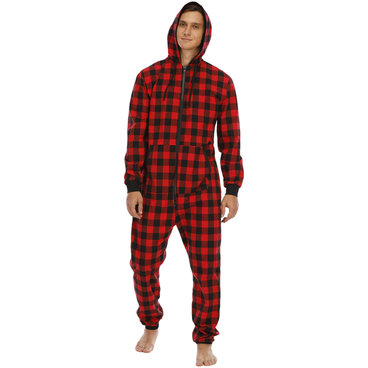 Men's Flannel Check Hooded One-piece Pajamas Angelwarriorfitness.com