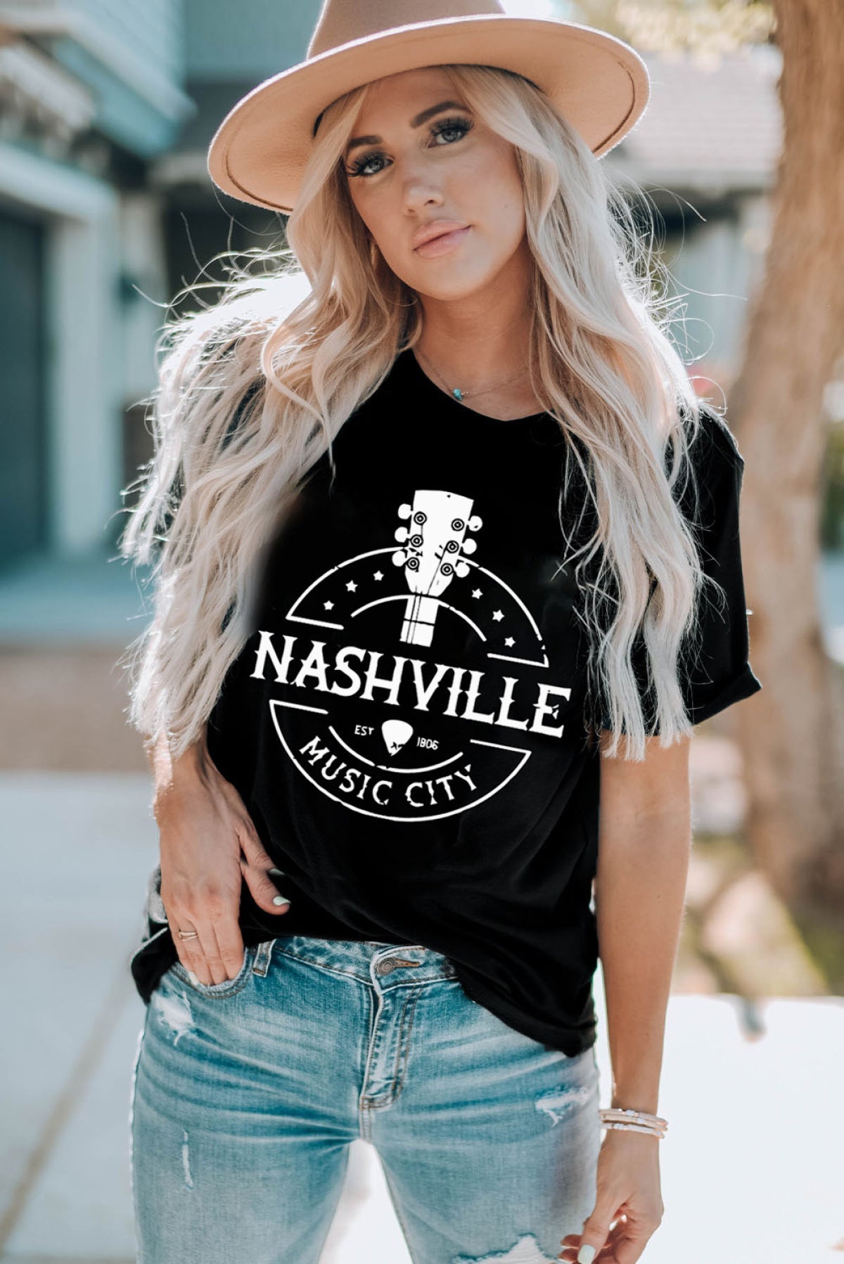 Black NASHVILLE MUSIC CITY Graphic Print Crew Neck T Shirt Angelwarriorfitness.com