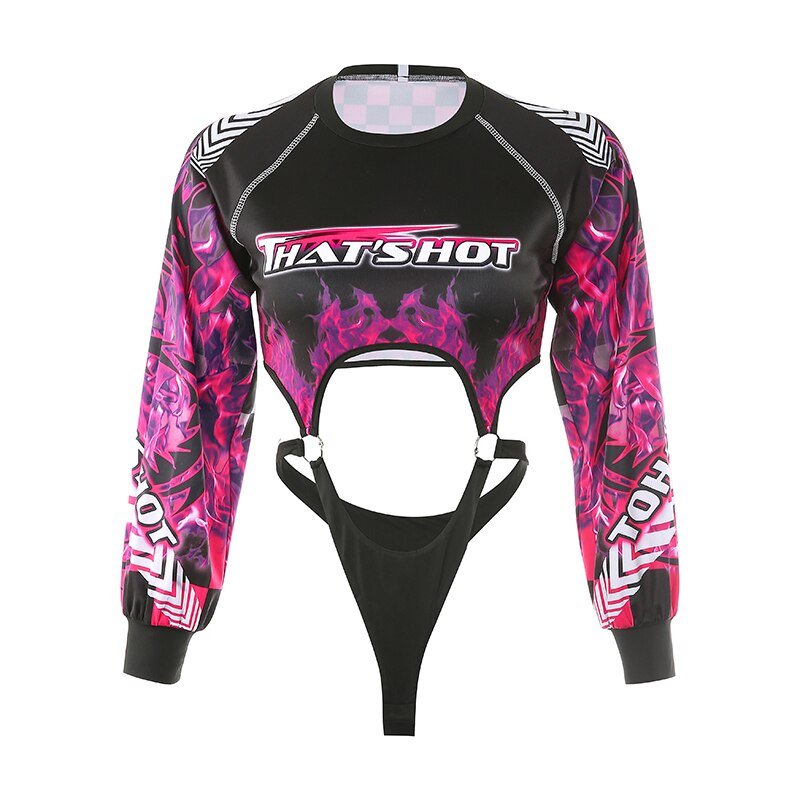 Rapwriter Sexy Backless Cut Out Beach Jumpsuit Summer Rave Clothes O-Neck Long Sleeve Flame Print Backless Gothic Bodysuit Women Angelwarriorfitness.com