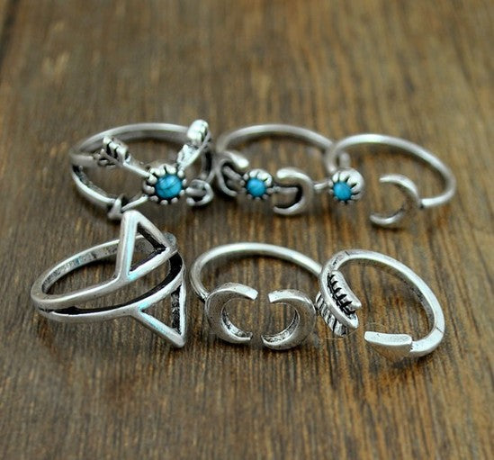 Turquoise Moon Arrow Elephant Joint Ring 6 Piece Set Ring Set Women Angelwarriorfitness.com