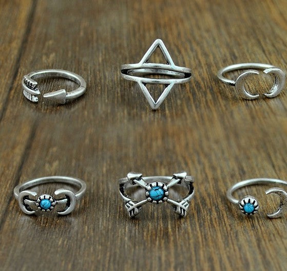 Turquoise Moon Arrow Elephant Joint Ring 6 Piece Set Ring Set Women Angelwarriorfitness.com