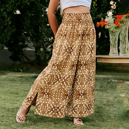 Plus Size Chiffon Print Elastic Waist Wide Leg Pants Angelwarriorfitness.com